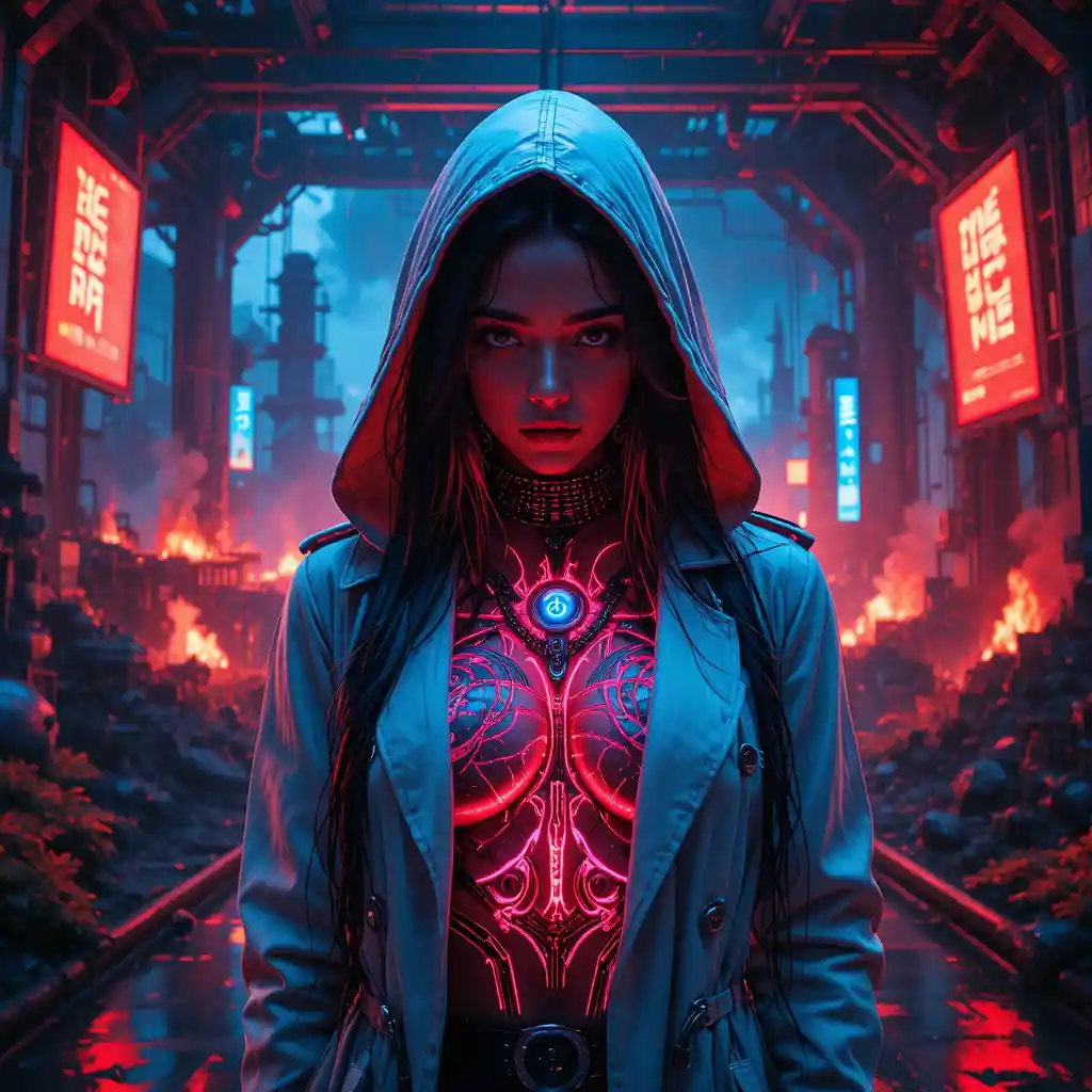 Emperatriz forajida cyberpunk en una fortaleza industrial en llamas