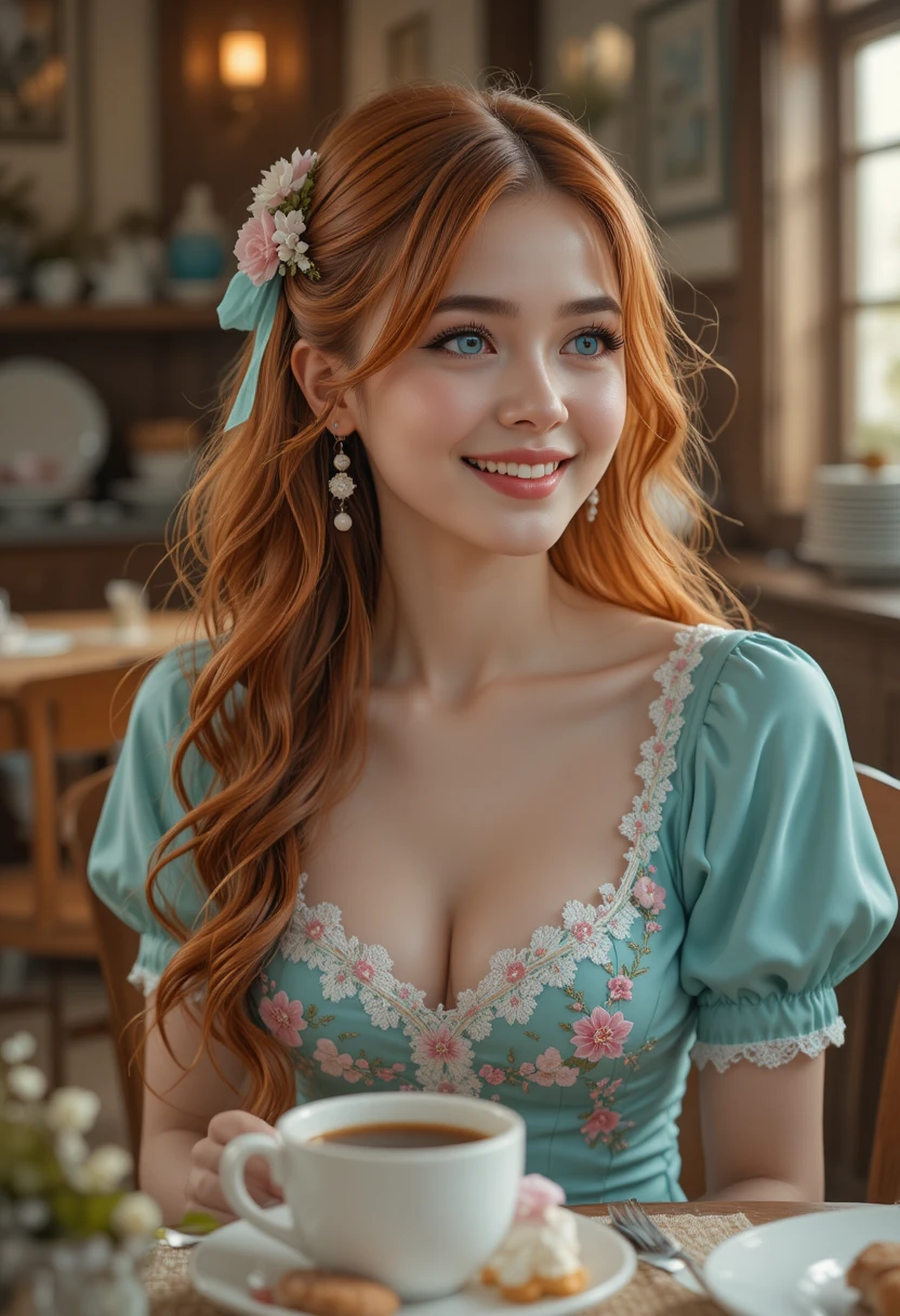 Fille souriante aux yeux bleus en robe turquoise vintage en intérieur