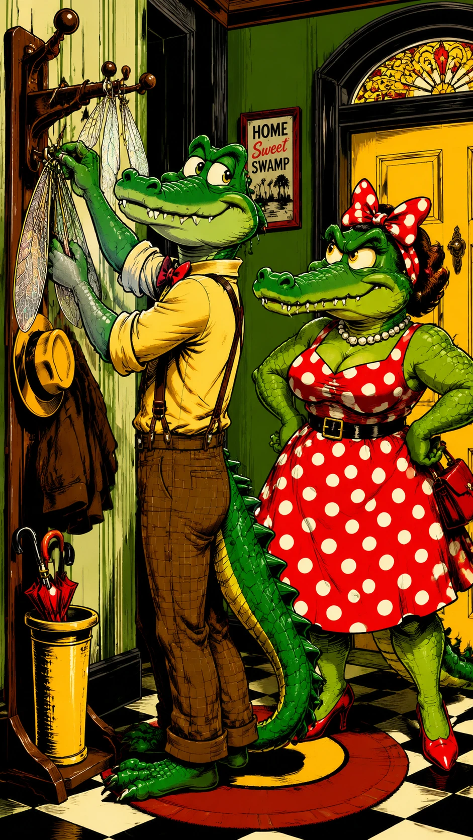 Anthropomorphic Crocodile Fairy In A Comic Style Hallway