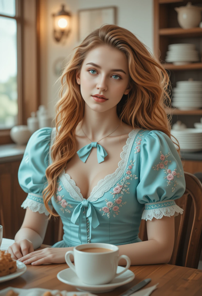 Giovane donna sorridente in abito turchese vintage al tavolo