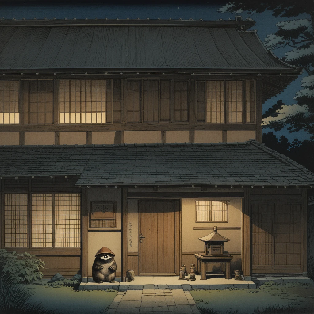 Ukiyo-e-Nachtansicht eines traditionellen japanischen Gästehauses