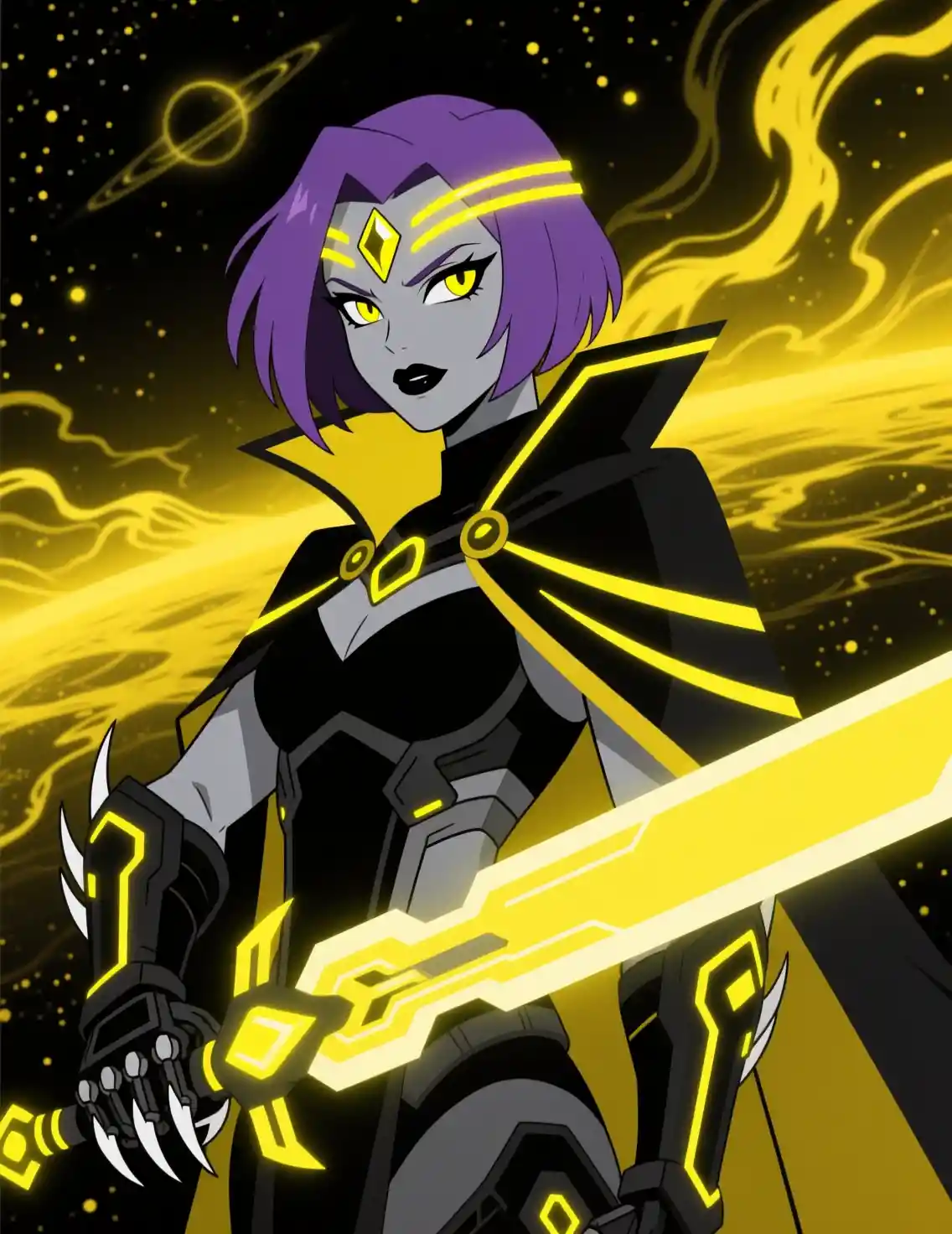 Strega Anime Futuristica in Armatura Nera con Lama al Neon
