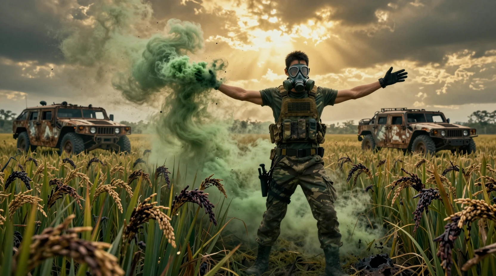 Guerreiro liberando tempestade tóxica sobre campo de arroz seco
