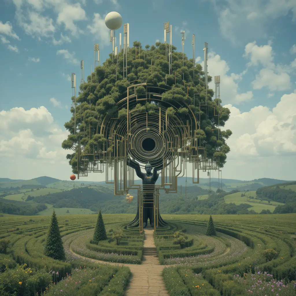 Surreal verschlungenes Labyrinth in einem reflektierenden lebenden Baum