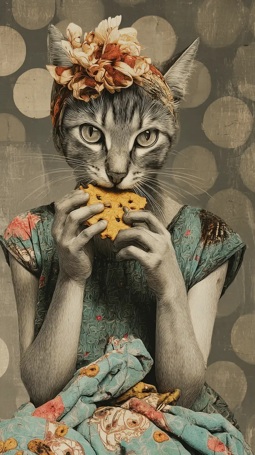 Playful grey tabby cat woman munching cookies in bokeh scene