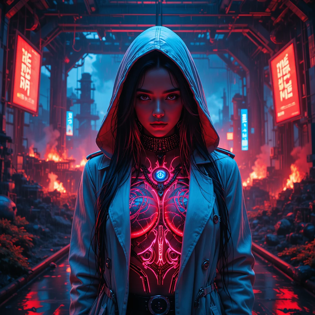 Emperatriz forajida cyberpunk en una fortaleza industrial en llamas