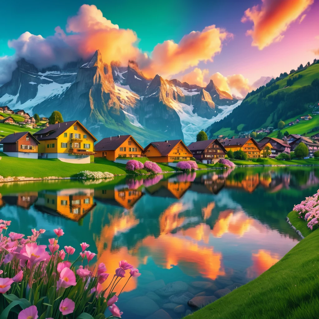 Casas coloridas à beira do lago sob montanhas suíças nevadas ao pôr do sol