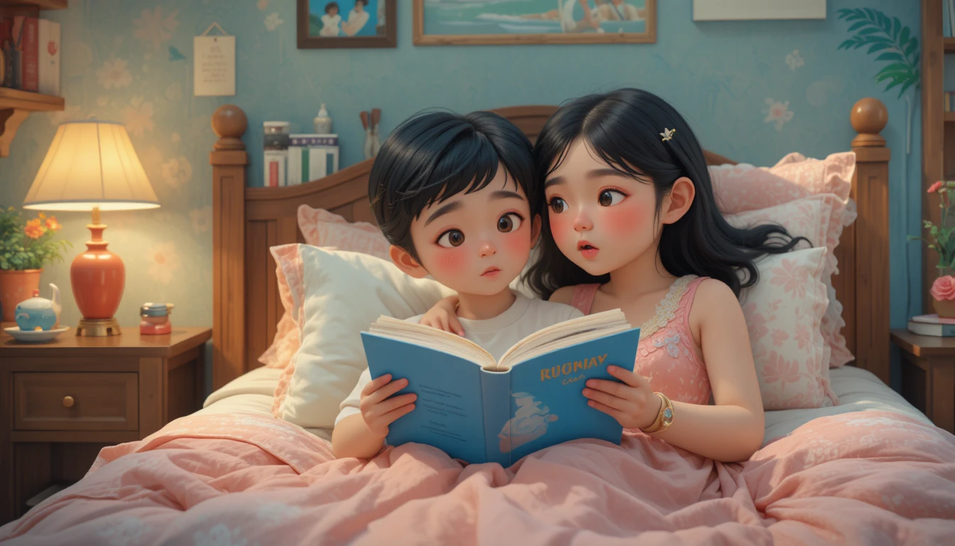 어린아이 같은 일러스트로 그린 침대에서 혼자 불안해하는 소녀