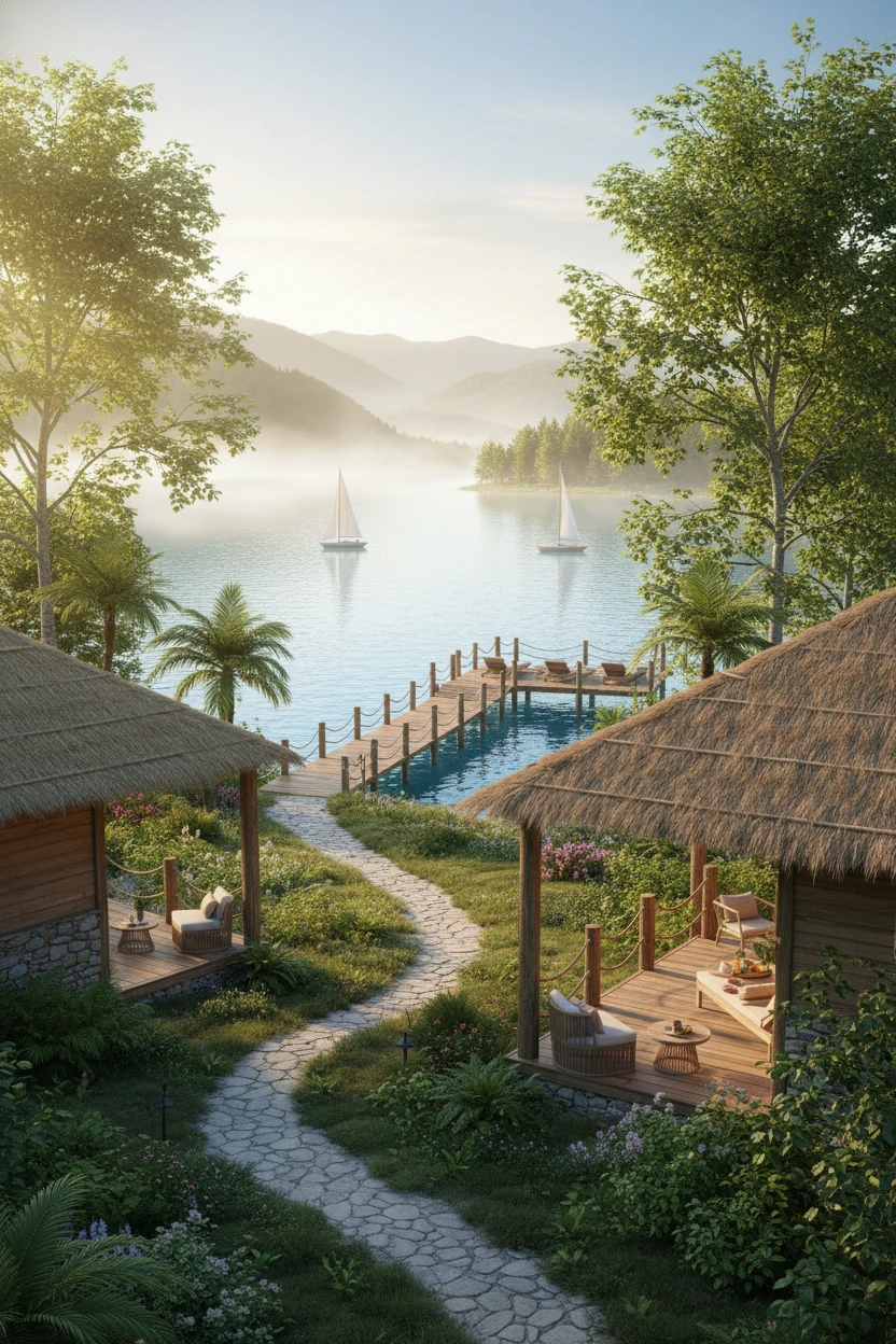 Tranquillo resort estivo sul lago con molo e barche a vela