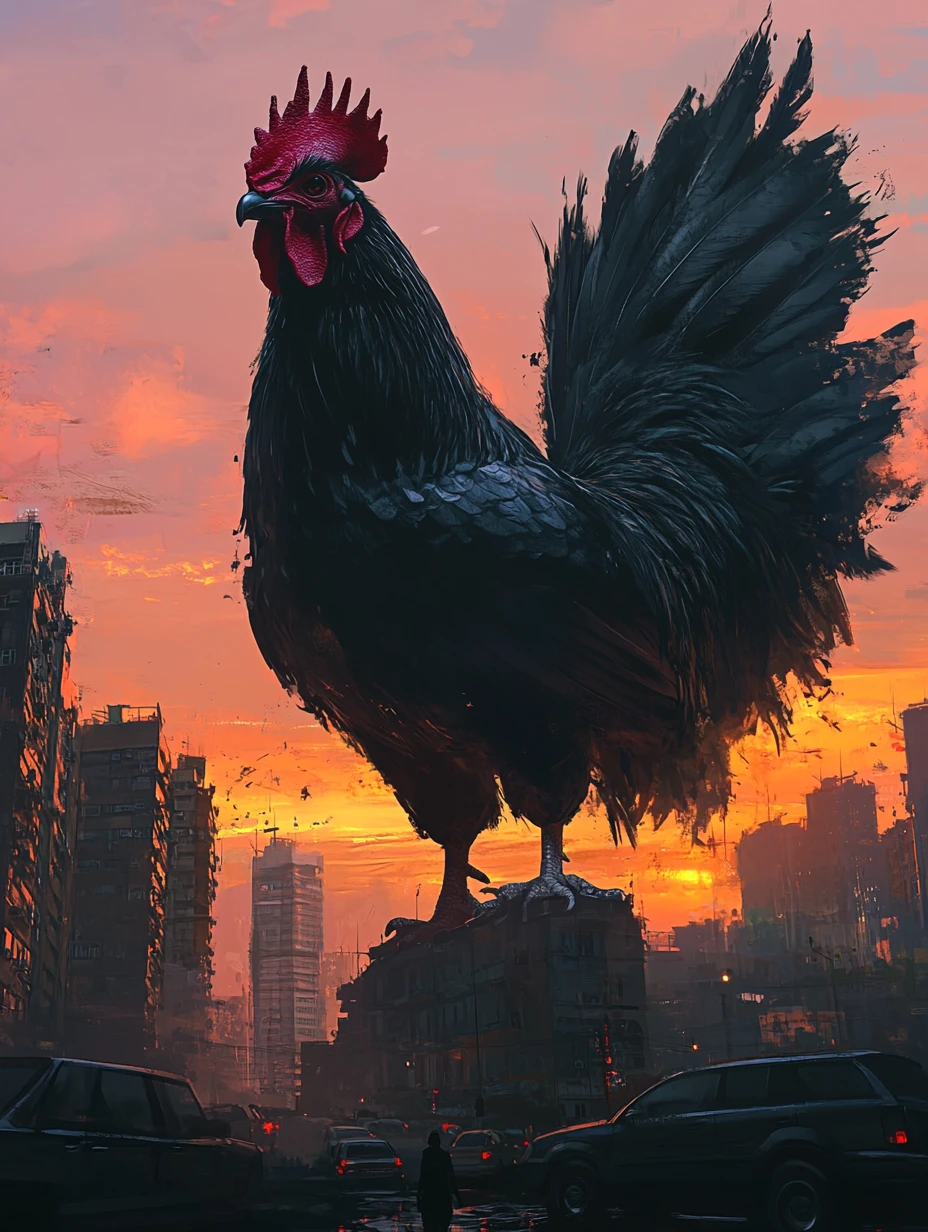 Galo preto gigante domina a cidade ao nascer do sol