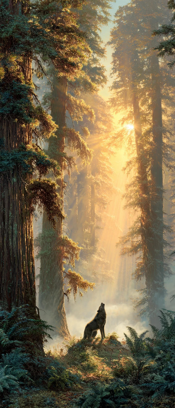 Lobo solitário uivando em uma floresta de metasequoias ao amanhecer