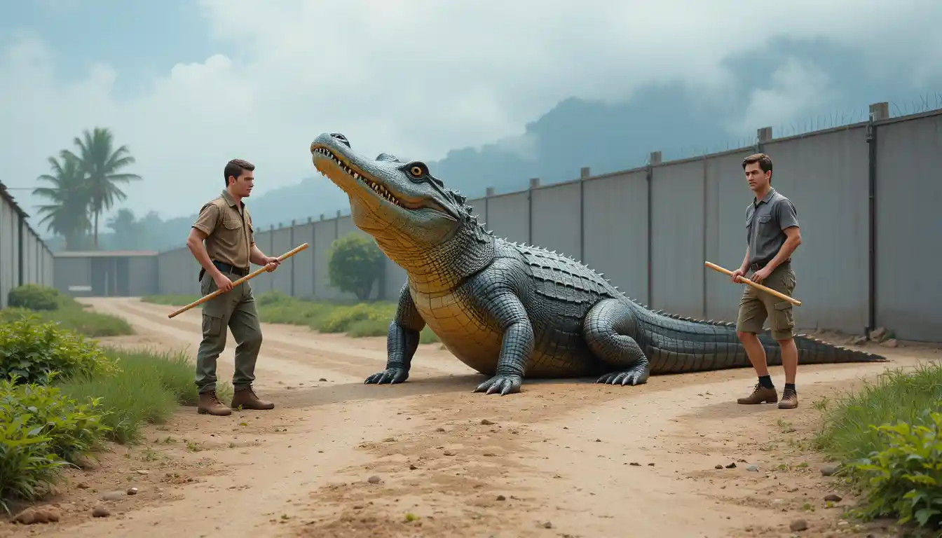 Grande crocodilo guiado por dois homens em uma estrada de terra