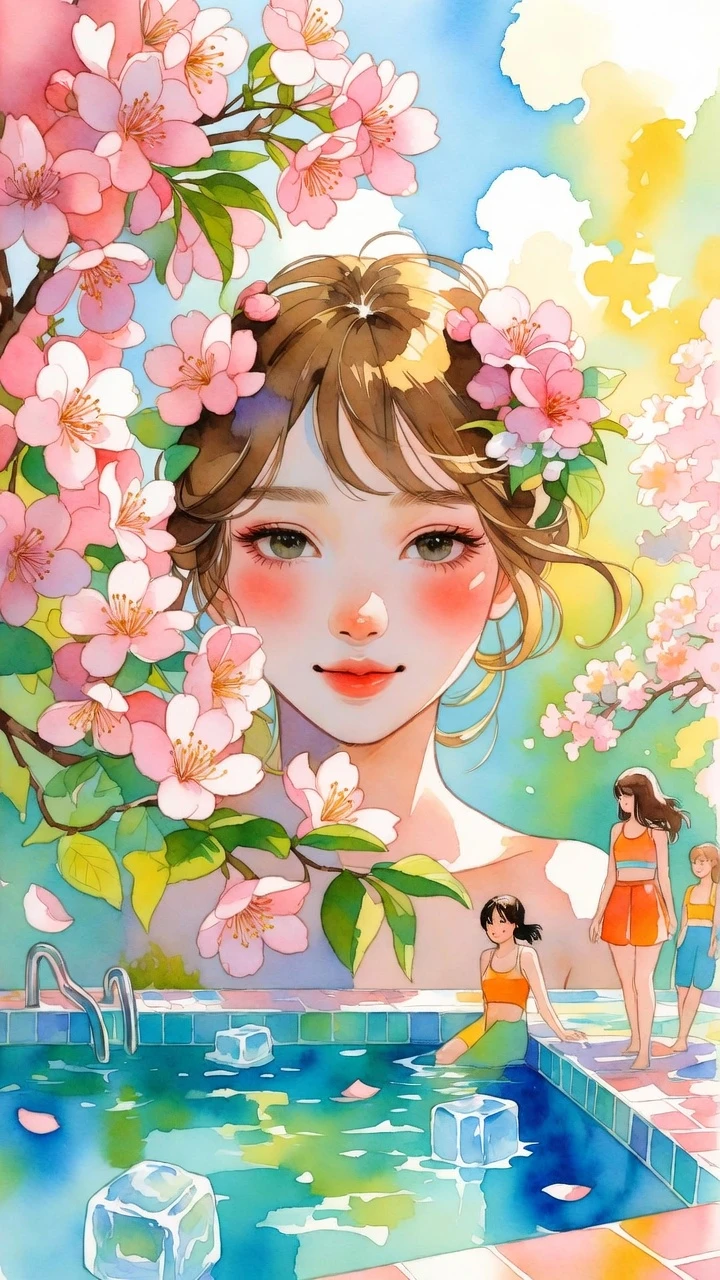 粉彩夏日花園中櫻花環繞的少女
