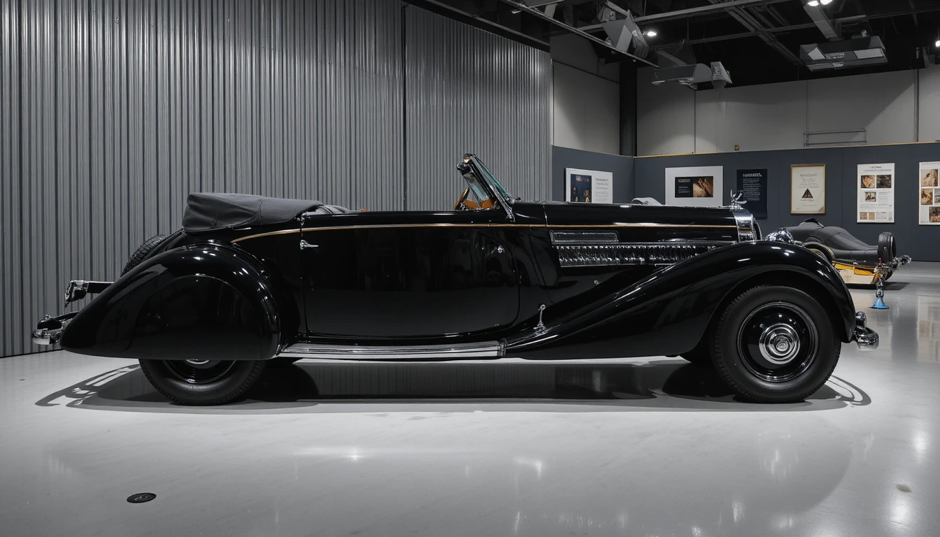 Carro clássico conversível preto de 1938 exposto em espaço de museu