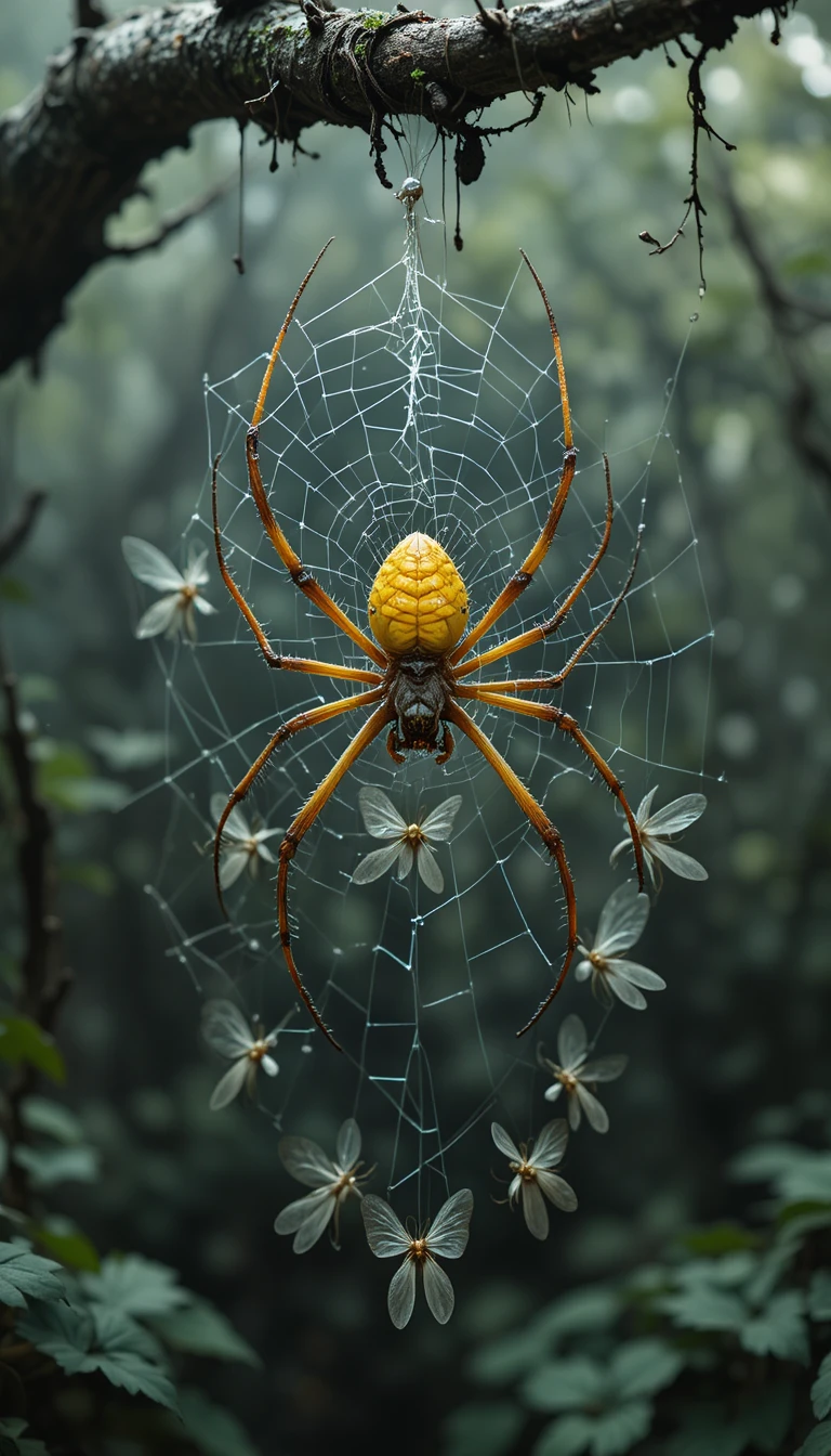 Araña de orbe colgando en su telaraña sobre el suelo del bosque