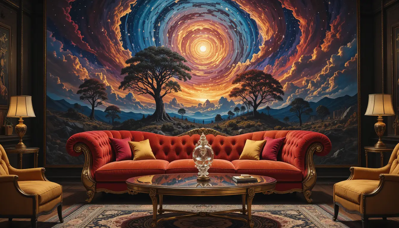 Canapé surréaliste en velours rouge devant une peinture cosmique tourbillonnante