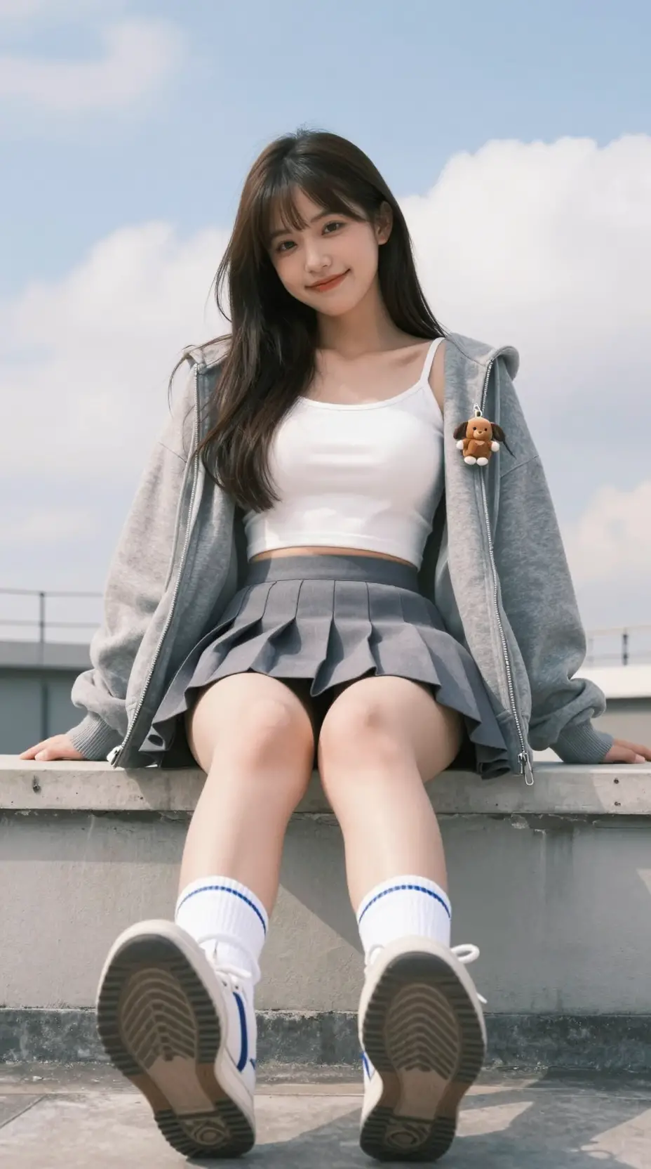 屋頂上穿著休閒服微笑的日本女孩
