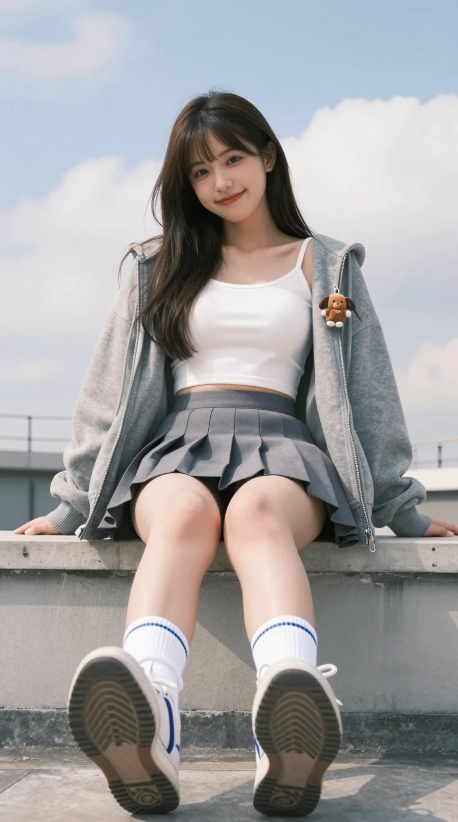 Garota japonesa sorridente em um rooftop com roupa casual