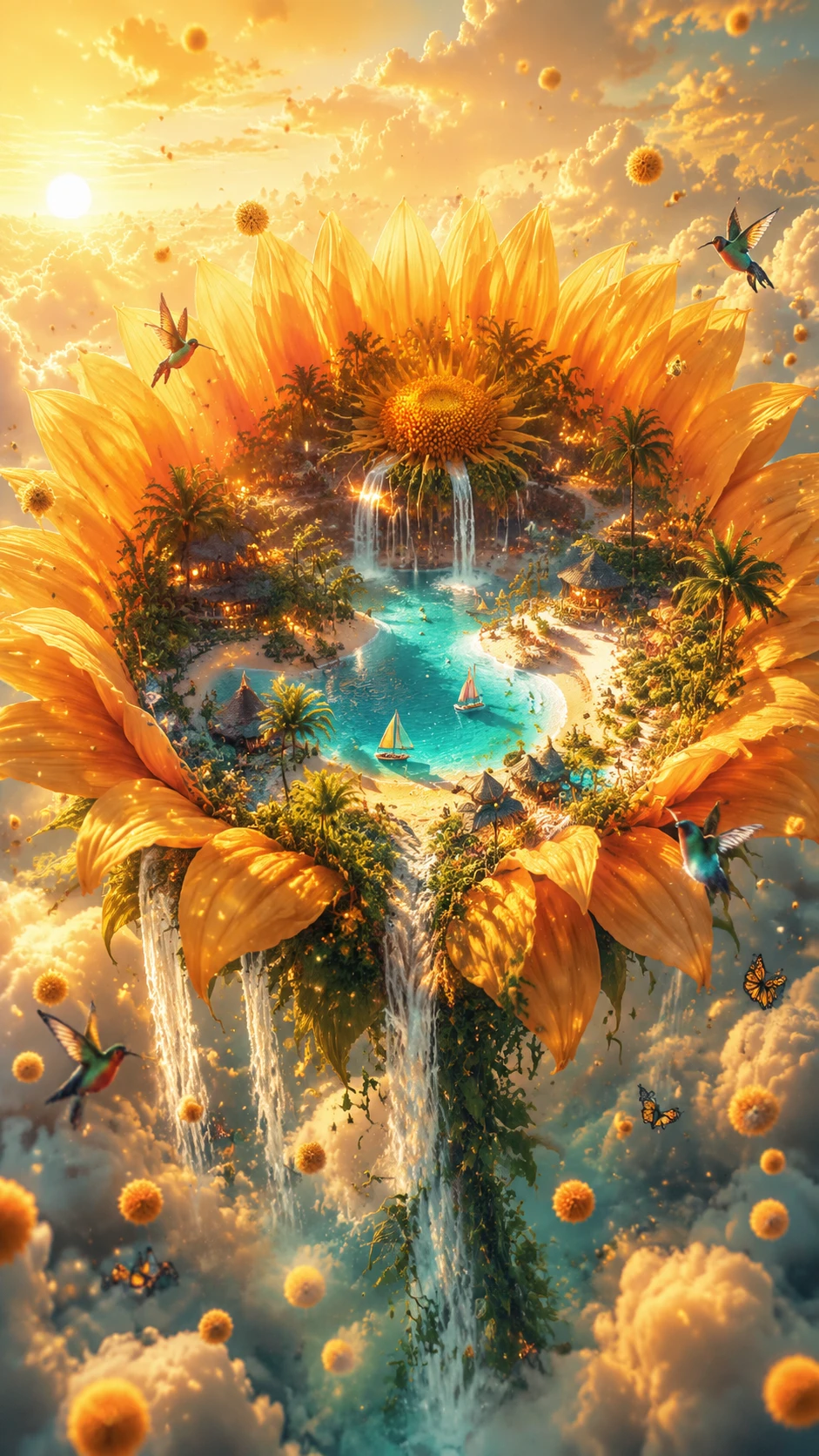 Girasol gigante y radiante flotando sobre nubes de verano resplandecientes
