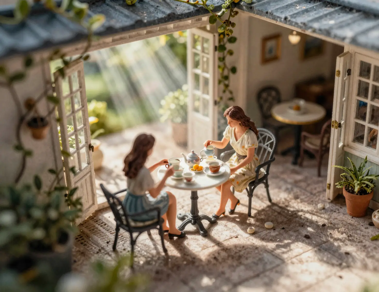 Woman having afternoon tea by an open veranda table