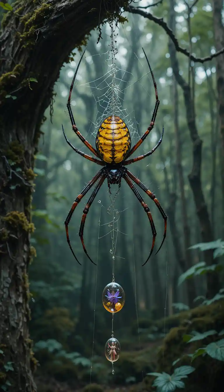 Araña tejedora en una telaraña con hadas atrapadas en el bosque