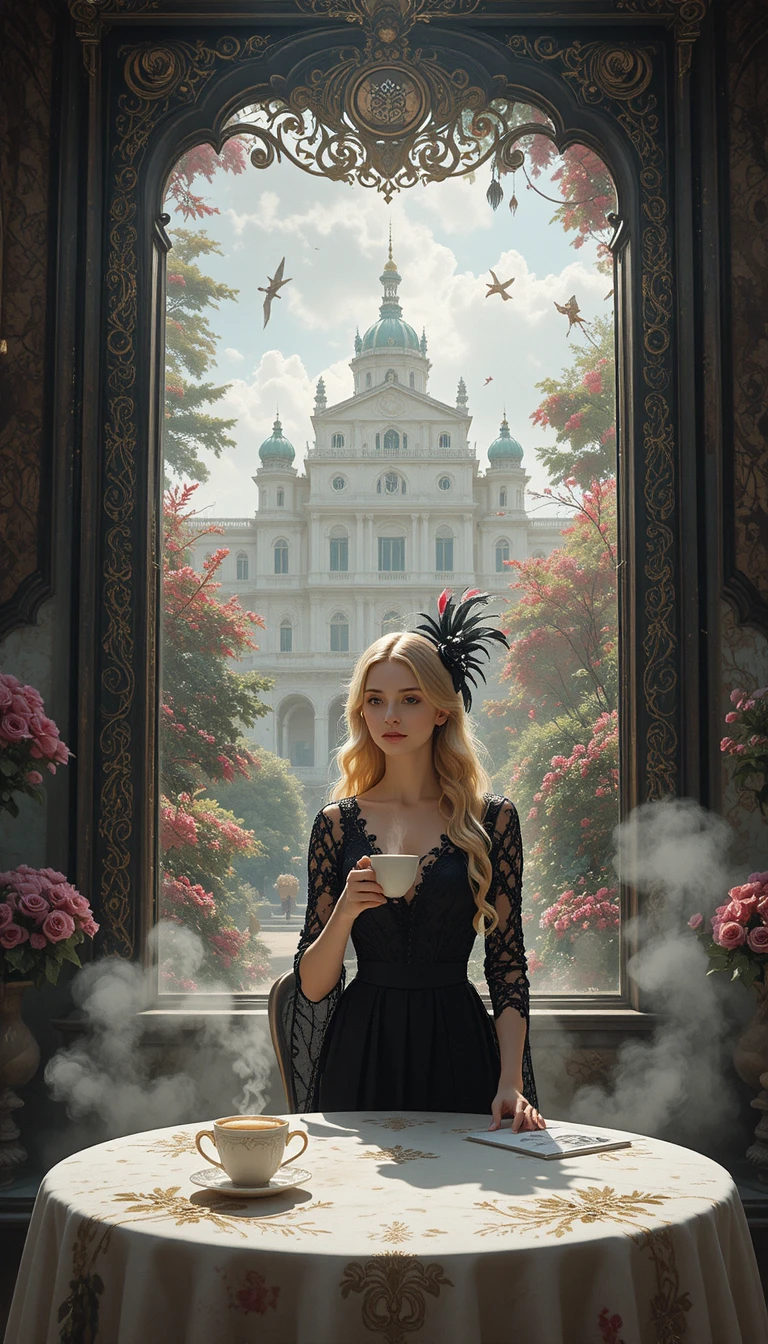 Elegante aristocratica bionda con caffè in un palazzo inondato di sole
