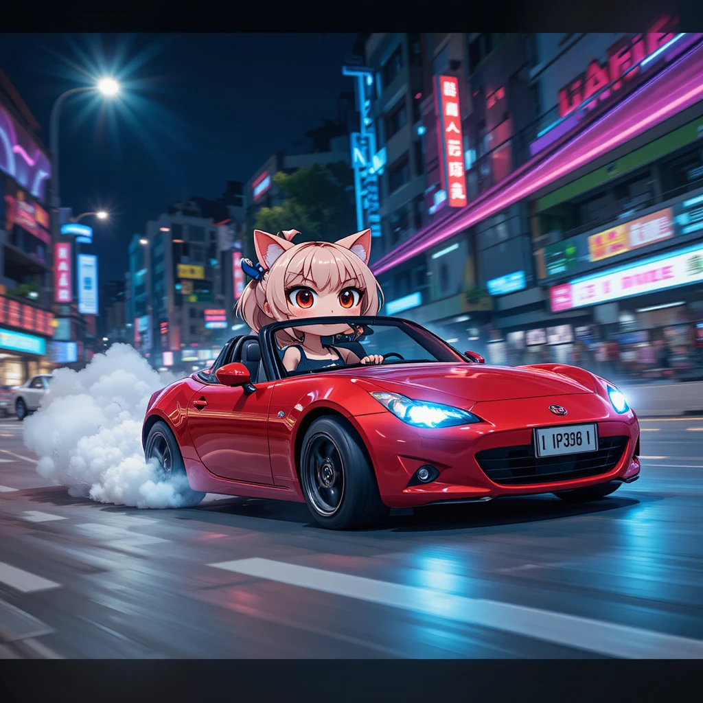 Ragazza gatto chibi che drifta con un roadster rosso tra le luci della città