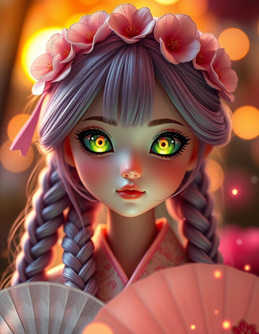 Fille poupée anime en kimono fleuri au coucher de soleil dans un jardin doré