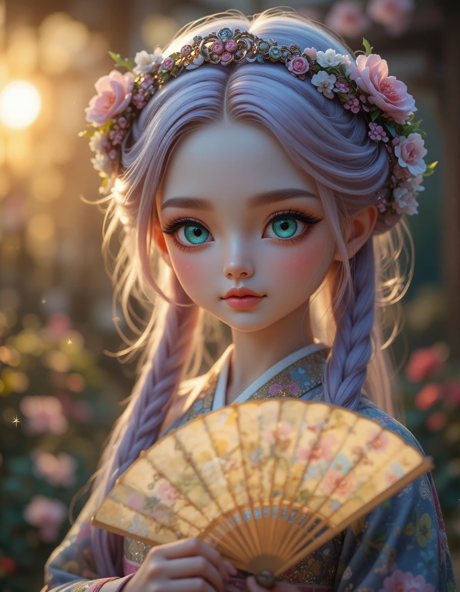 Anime-Puppenmädchen im geblümten Kimono im leuchtenden Fantasiegarten