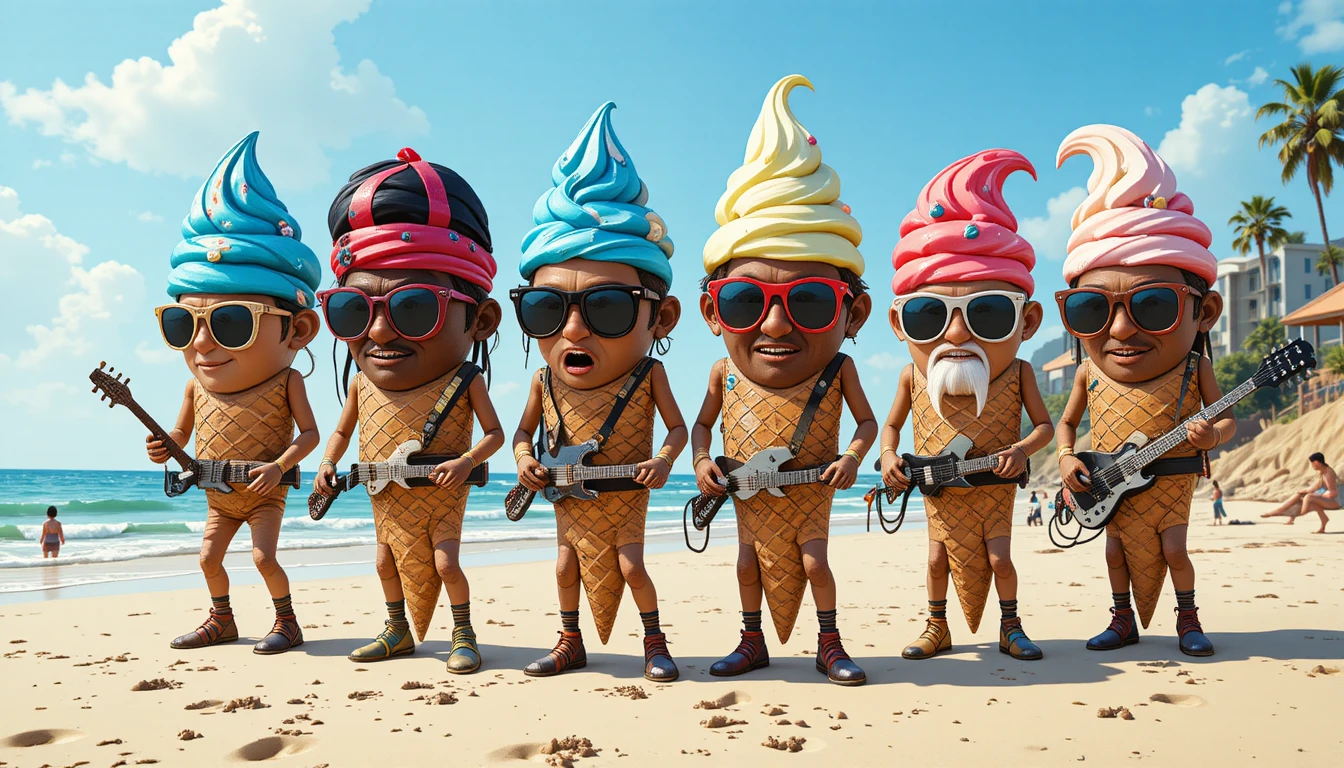 Coni gelato antropomorfi che si rilassano su una spiaggia soleggiata