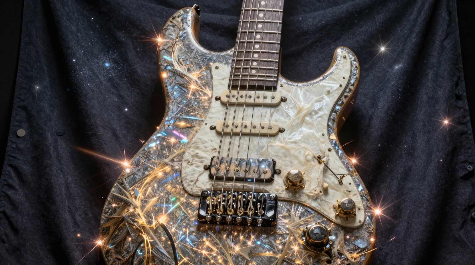 Guitarra elétrica cósmica irradiando poder pelo espaço estrelado