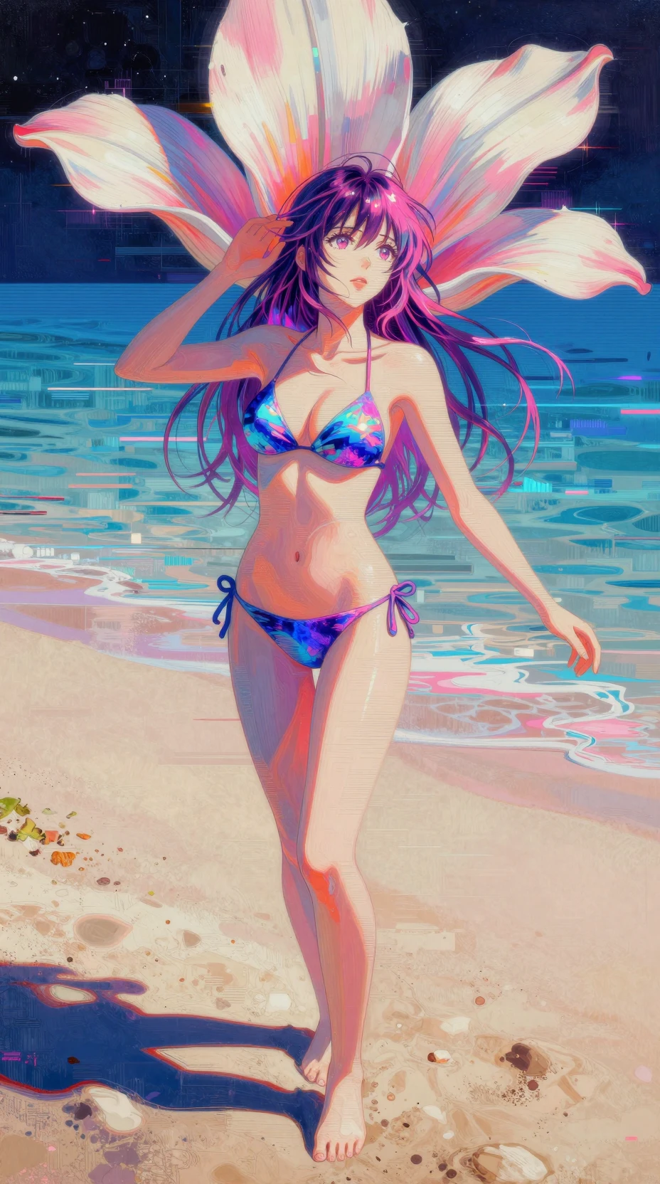 Anime-Frau am abstrakten Glitch-Strand mit Neonlinien