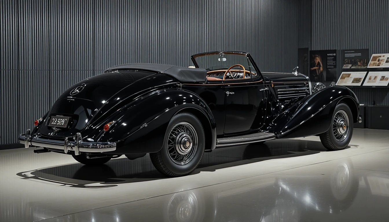 Cabriolet classique noir de 1938 exposé dans un musée paisible