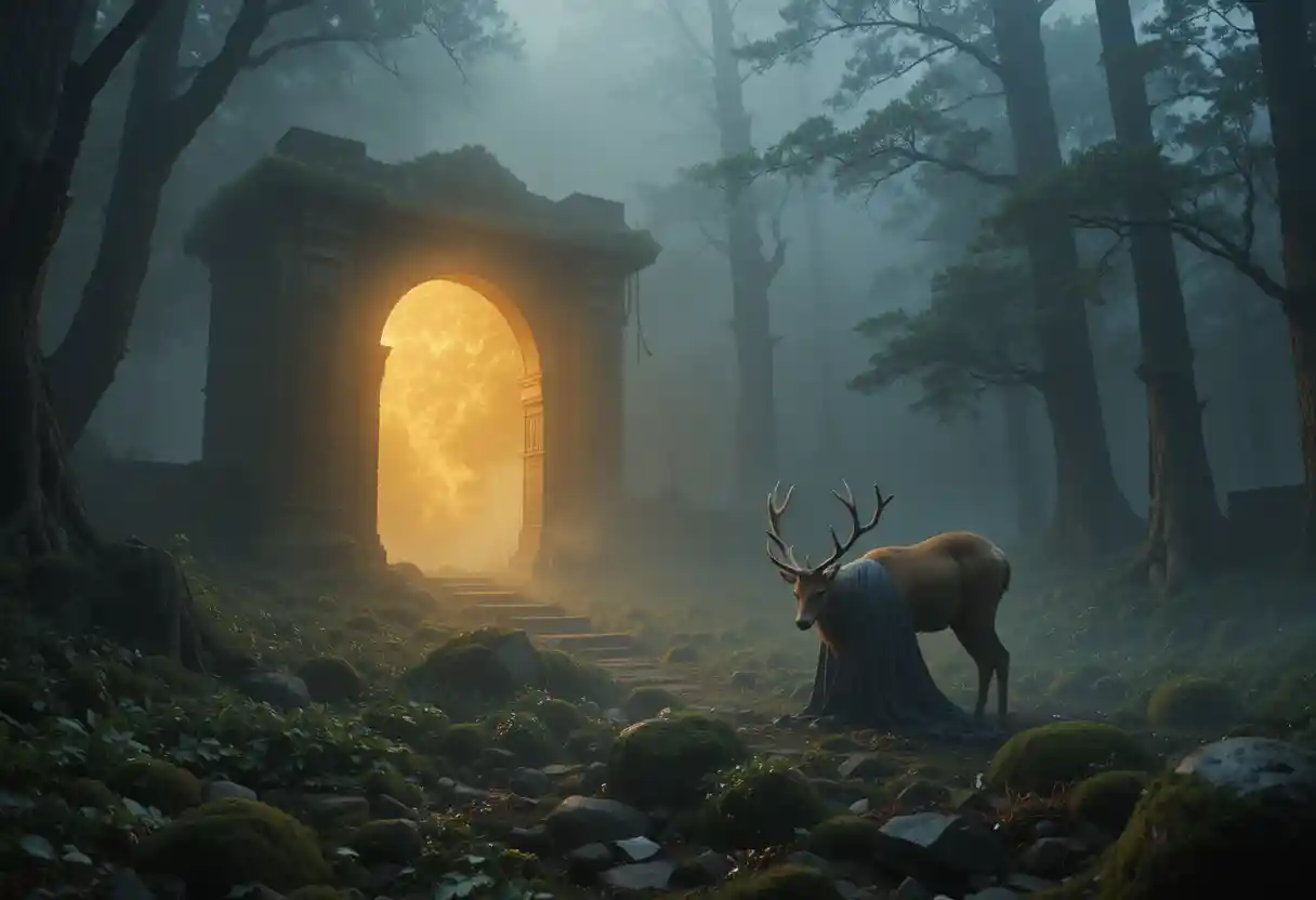 Ciervo dorado emergiendo de la niebla en un bosque silencioso
