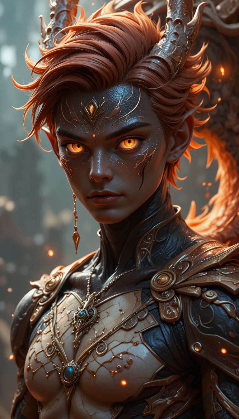 Jeune homme dragon aux yeux ambre et aux cheveux rouge foncé