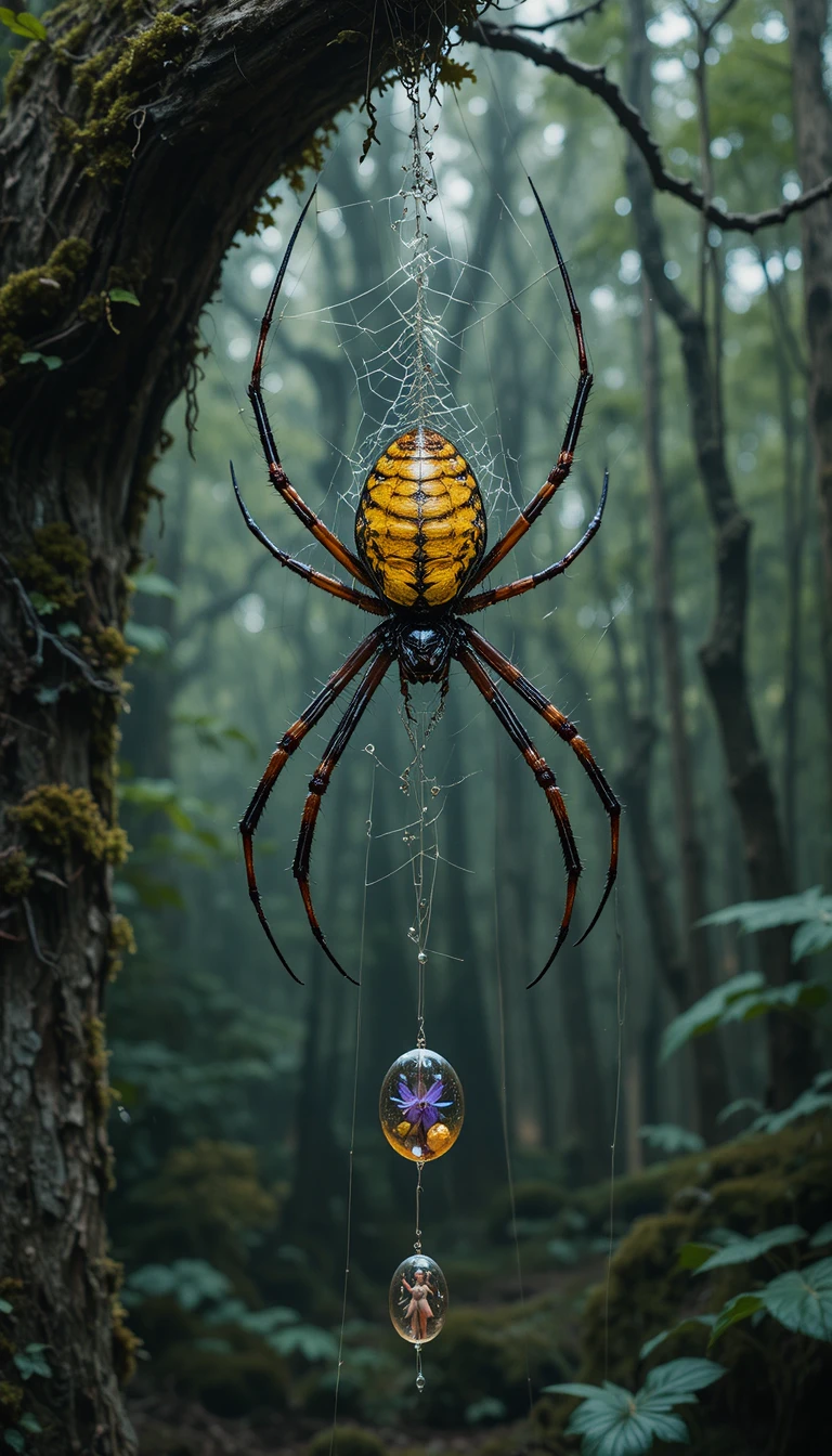 Aranha tecedeira em teia com fadas presas na floresta