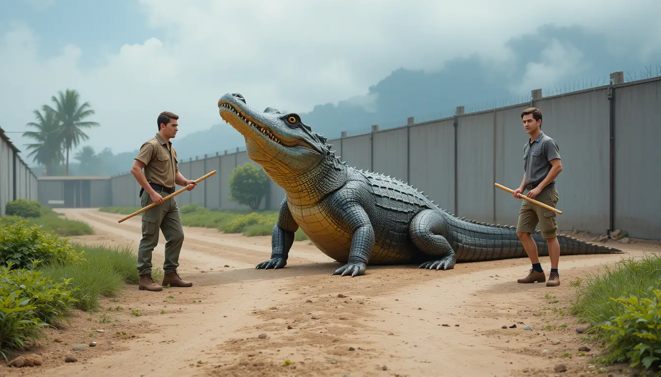 Large crocodile guided by two men on a dirt road