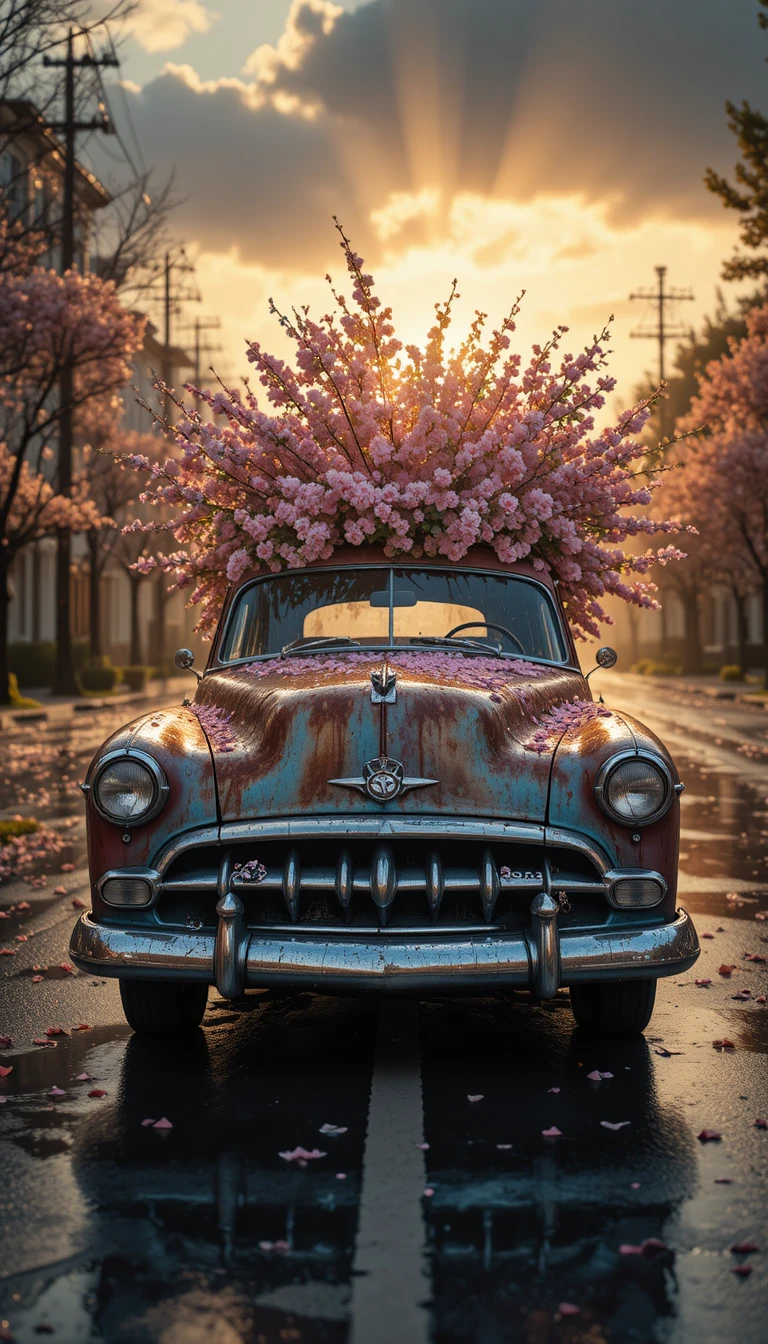 Carro vintage se transformando em arte floral de verão ao anoitecer