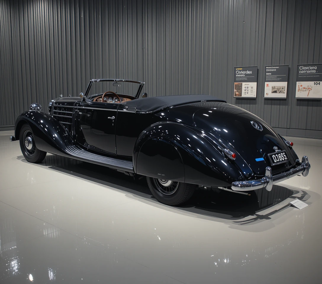 Voiture cabriolet classique noire de 1938 dans une exposition de musée paisible