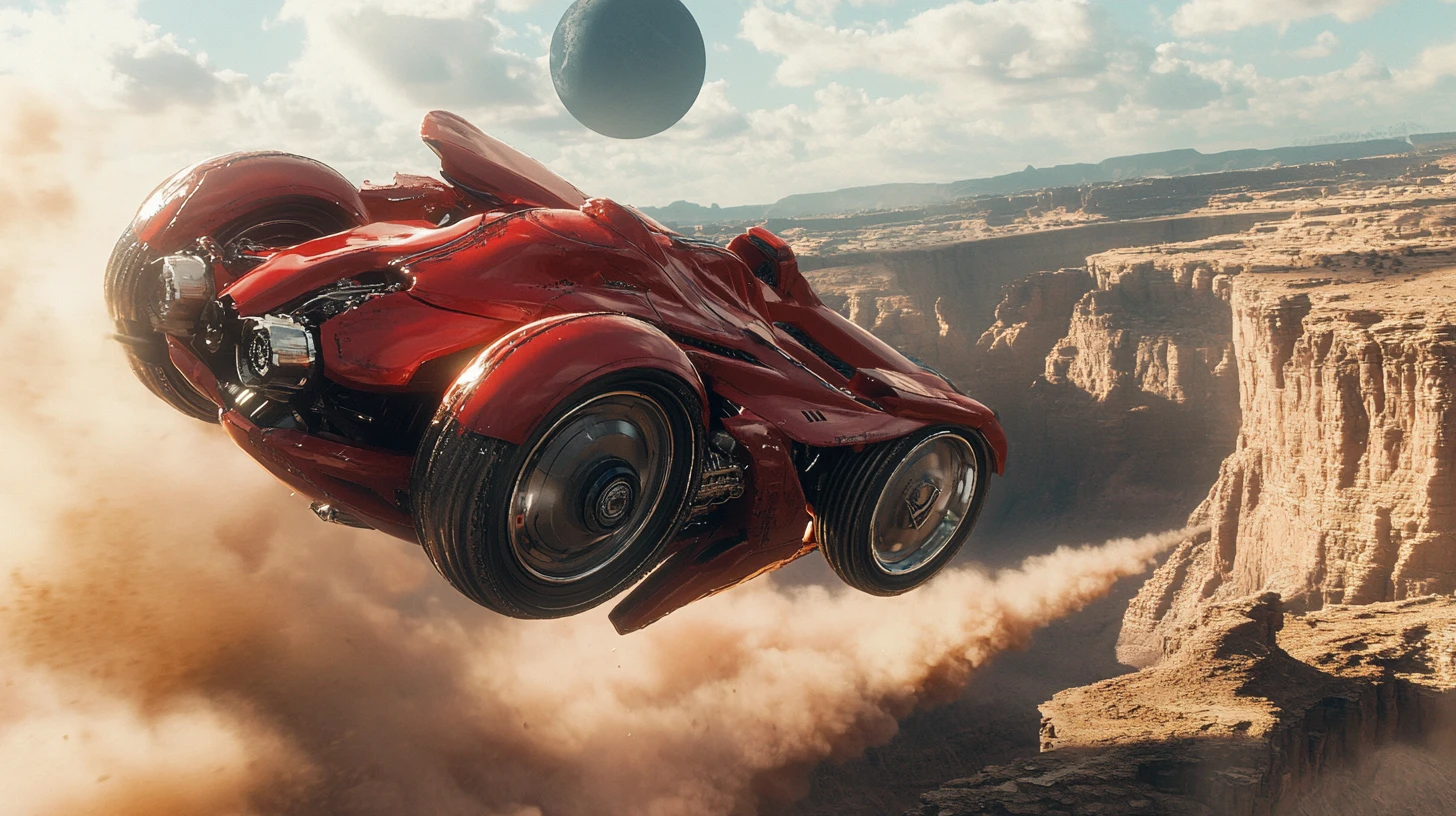 Moto vermelha futurista saltando por um cânion em deserto alienígena