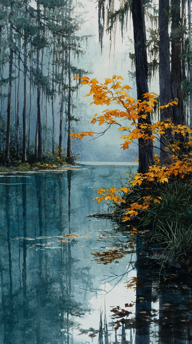 Reflexo Tranquilo de Lago na Floresta em Suave Luz de Aquarela