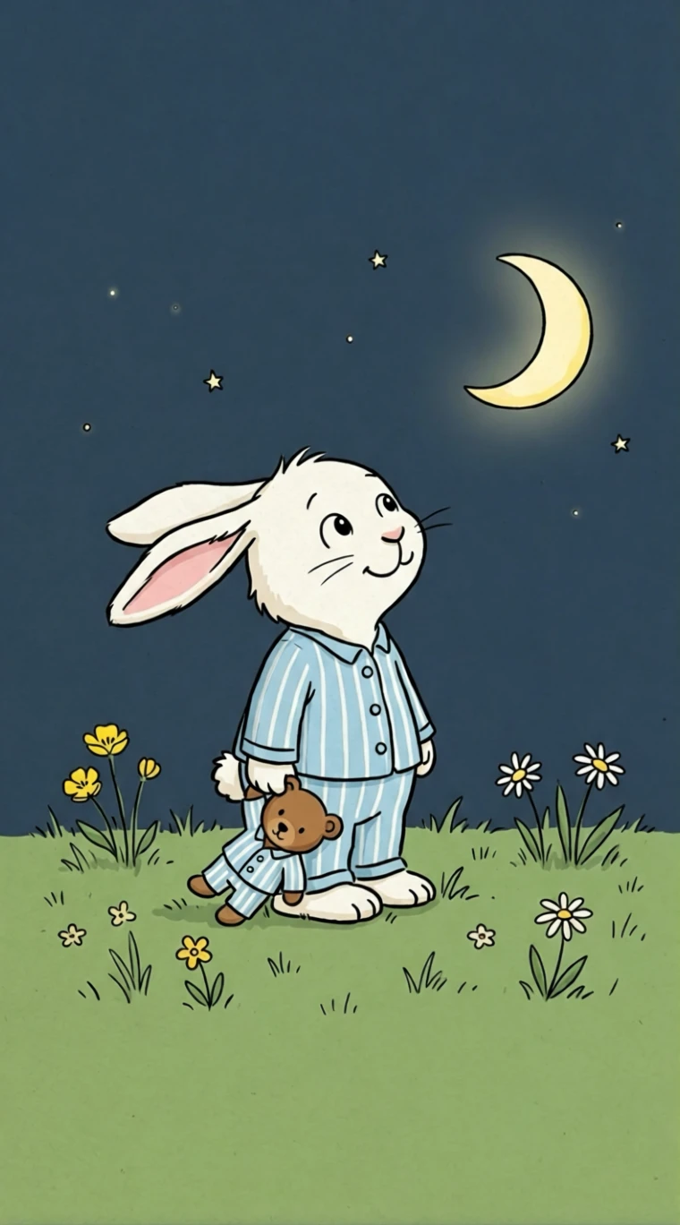 Coelhinho de pijama olhando para a lua em um prado