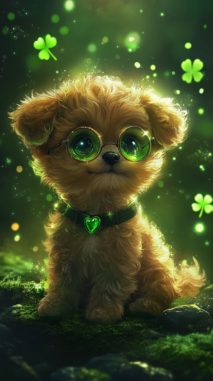 Filhote mágico com olhos verdes brilhantes e trevos