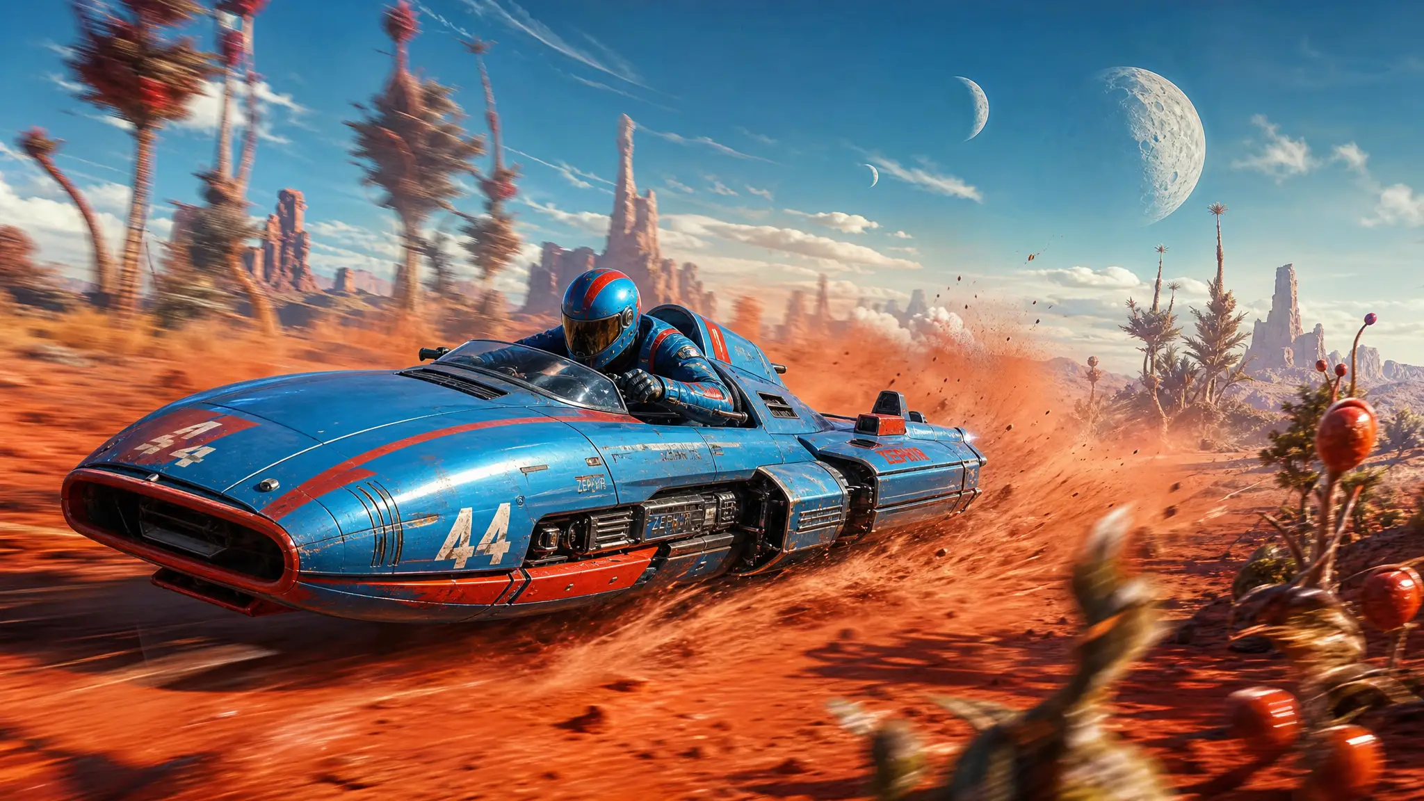 Sci fi speeder racing through an alien desert landscape