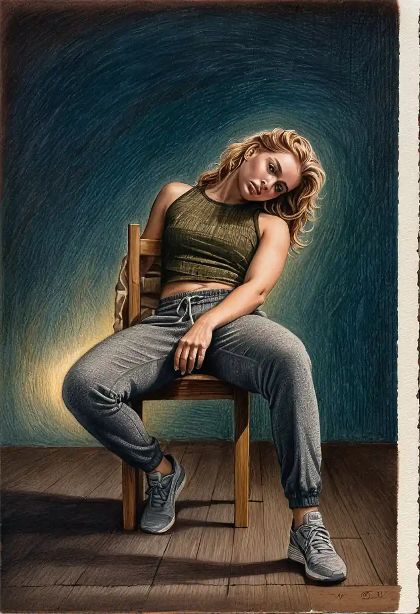 Donna bionda seduta sotto un faretto suggestivo, disegno a matita
