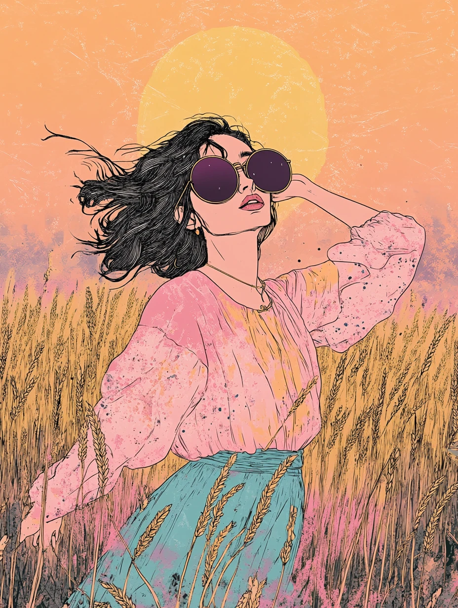 Ilustración de mujer alegre bailando en un campo de trigo