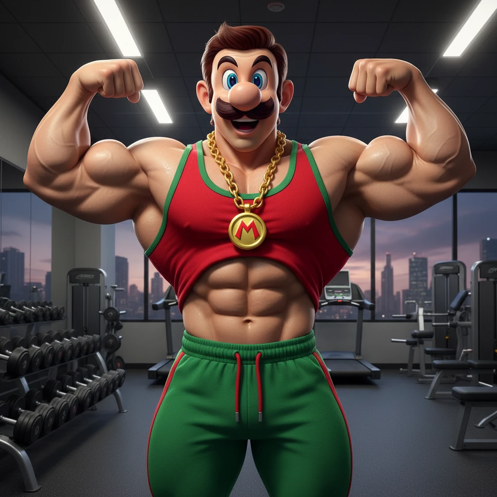 Luigi musculoso posando confiante em uma academia moderna