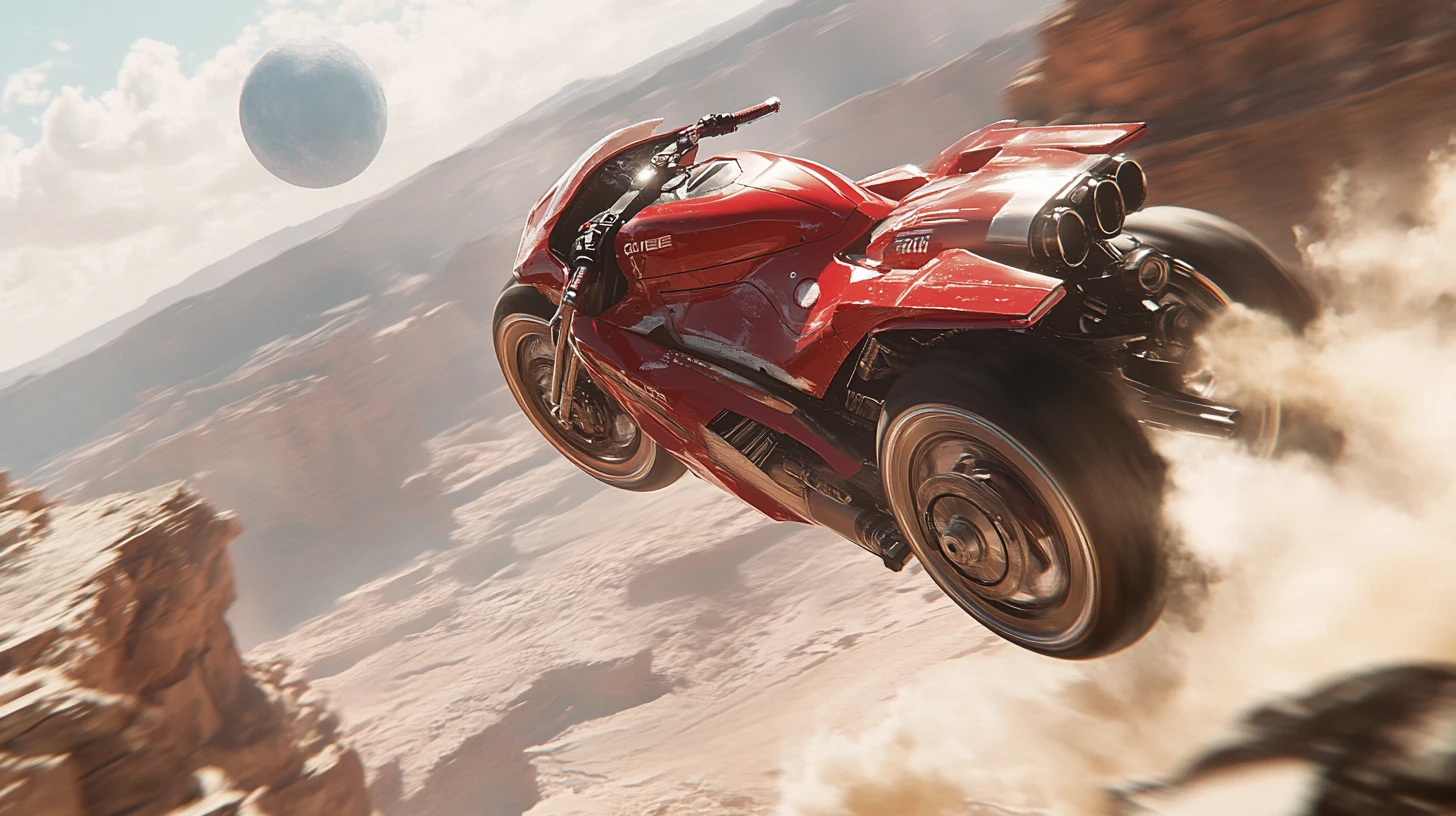 Moto futurista vermelha sobre um abismo em um deserto alienígena