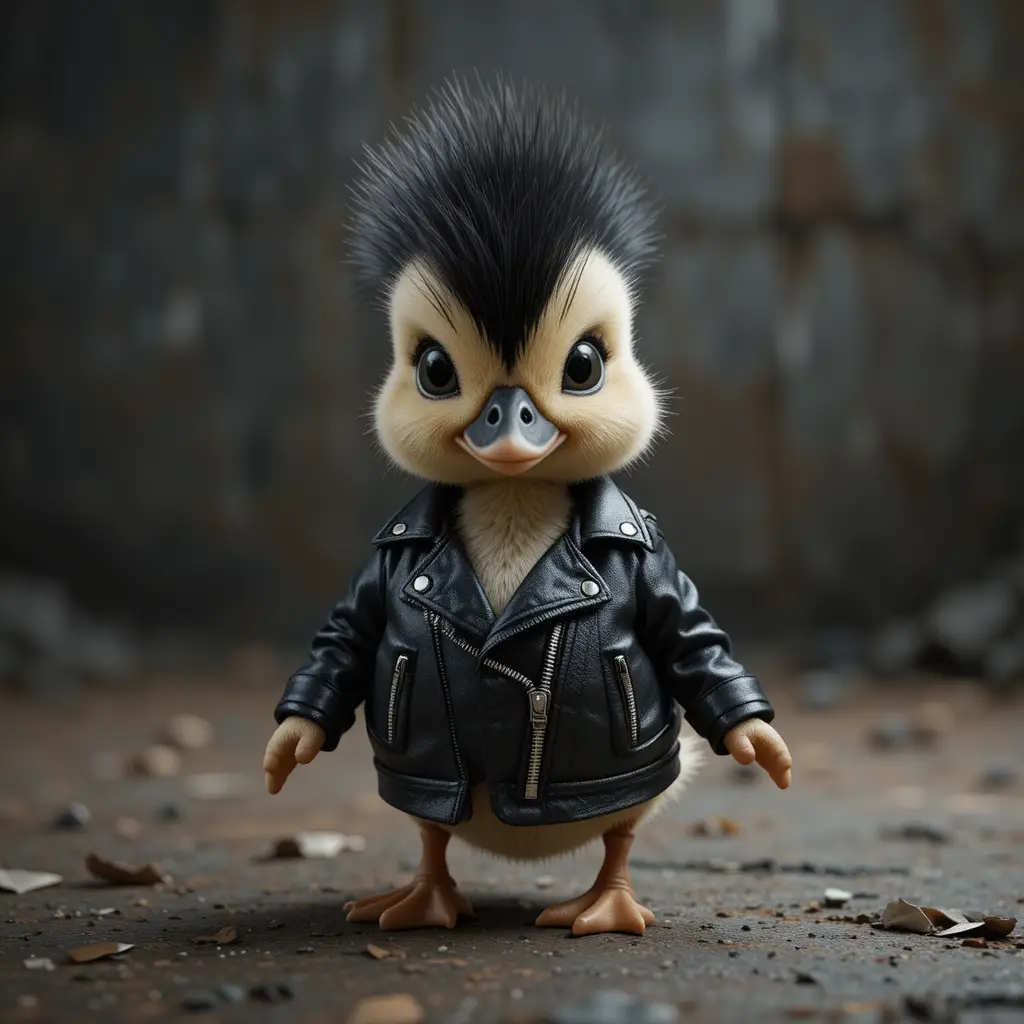 Cute duckling in leather biker jacket with rocker hair