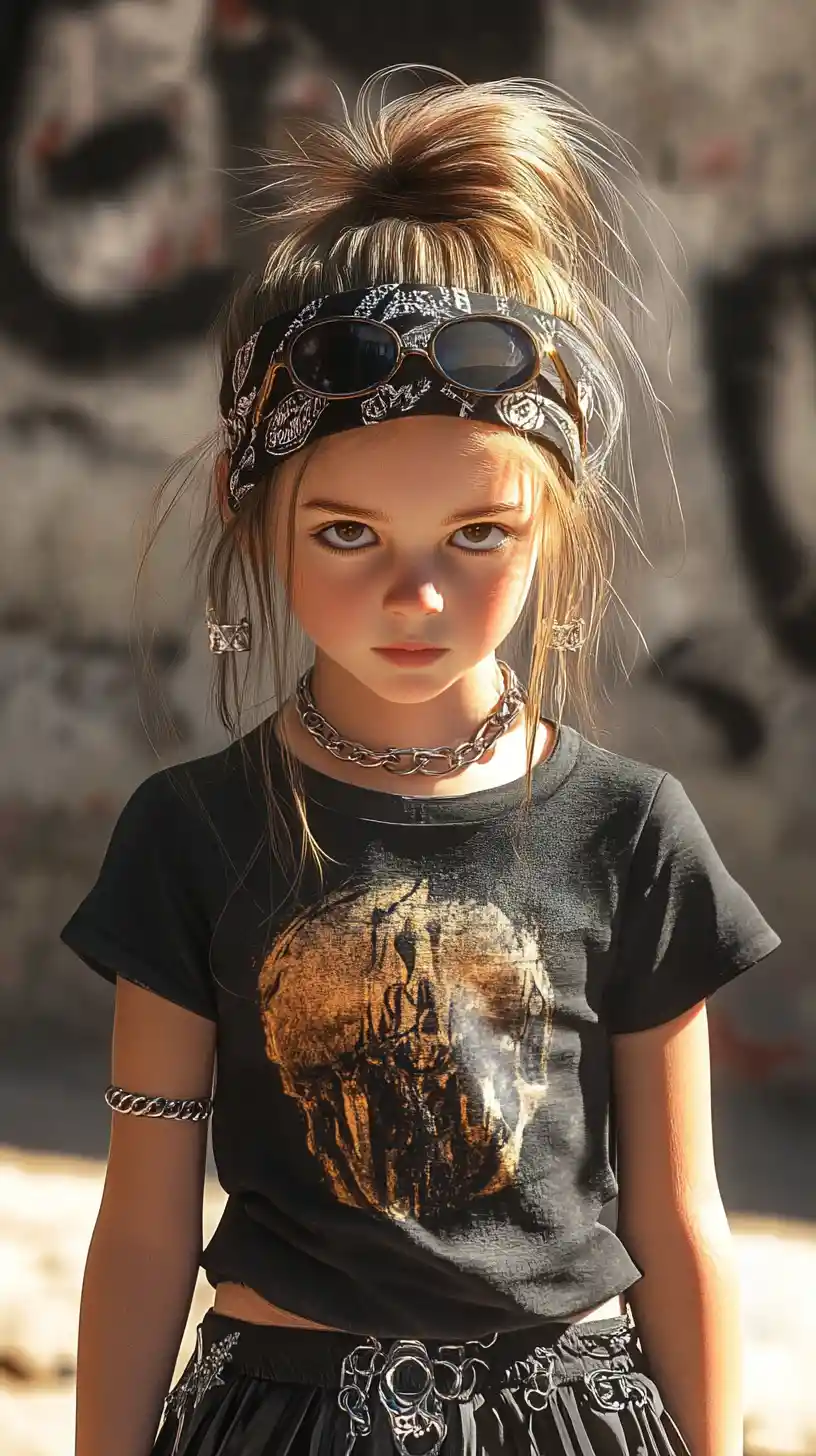 Garota punk rock de preto em frente a parede urbana desgastada